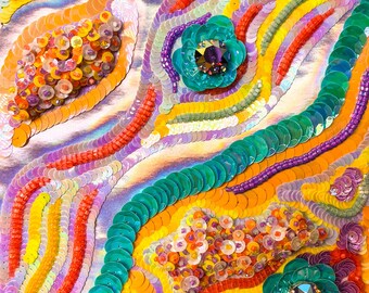 Aqua embroidered picture handmade with Lunéville crochet. Haute couture embroidery, art embroidery.