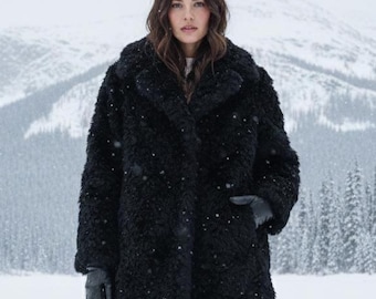 Black Sheep Wool Coat for Women Luxury Curly Faux Fur Jacket