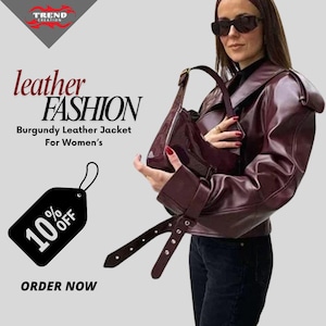 Women’s Burgundy Leather Jacket | Cropped Moto Biker Style | Trendy Fashion Outerwear