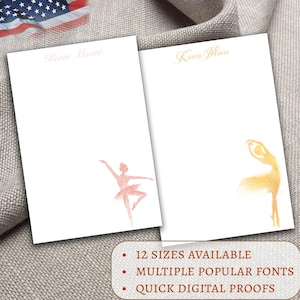 May include: Two personalized stationery notepads with a ballerina silhouette in pink and gold watercolor. The notepads feature the name "Kevin Moore" at the top. The text "12 SIZES AVAILABLE", "MULTIPLE POPULAR FONTS", and "QUICK DIGITAL PROOFS" is displayed below the notepads.
