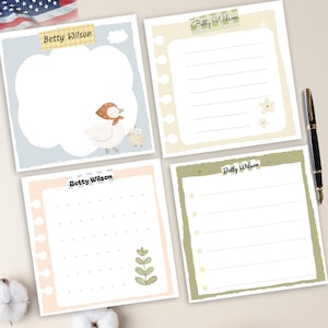 Cute Personalized Memo Pad for Kids – Kawaii Square Notepad with Duck, Dotted Grid & Flowers – Custom Name Stationery Gift