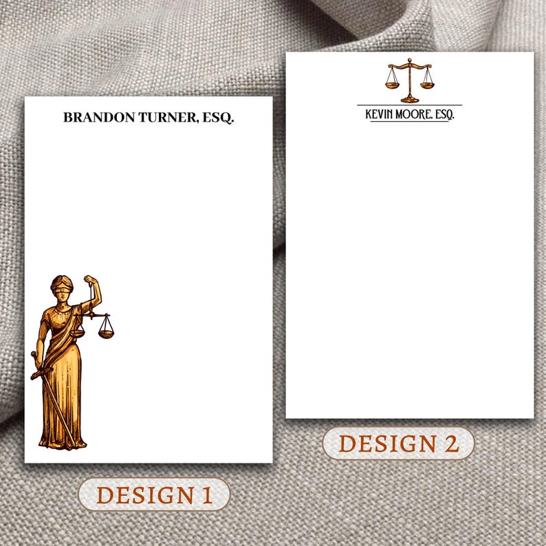 May include: Two designs for legal stationery. The first design features a drawing of the figure of justice holding a sword and scales. The second design features a simple drawing of scales of justice. Both designs include the text "ESQ" and a name.