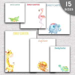 May include: Set of 5 personalized stationery note cards featuring watercolor illustrations of a giraffe, lion, turtle, flamingo, and elephant. Each card has the name "Emily Carter" printed at the top.