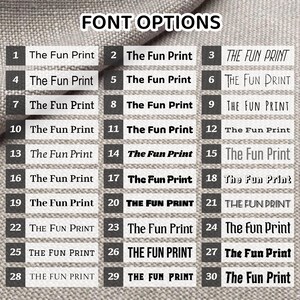 May include: A chart of 30 different font options for "The Fun Print" text. Each font is numbered 1 through 30. The fonts range from simple to bold and decorative.