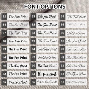 May include: A white background with 18 different font options for "The Fun Print" displayed in black text. The font options are numbered 31 through 57.
