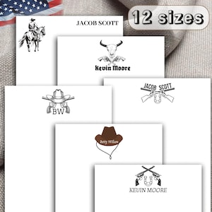 May include: A set of 12 personalized stationery note cards with various western-themed designs. The designs include a cowboy riding a horse, a skull with crossed pistols, a cowboy hat with crossed pistols, a cowboy hat with a lasso, and crossed pistols with a horseshoe. The cards are all white with black ink.