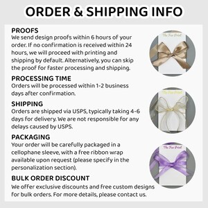 May include: Order and shipping information for a business. The text includes details about proofs, processing time, shipping, packaging, and bulk order discounts. The image also shows three examples of packaging with different colored ribbons.