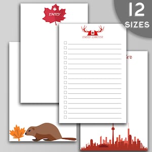 May include: Four different printable designs for stationery featuring Canadian themes. The designs include a red maple leaf, a red and white Canadian flag with antlers, a groundhog, and a red cityscape.