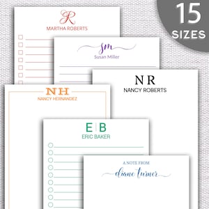 May include: A collection of personalized stationery featuring various names and initials. Designs include lined and checklist notepads with names like Martha Roberts, Susan Miller, Nancy Hernandez, Eric Baker, Nancy Roberts, and Diane Turner. The image also displays "15 SIZES".