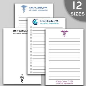 May include: A set of three notepad designs featuring a veterinary logo and contact information. The notepads are white with black lines and a black check box list on one notepad. The notepads are for a veterinarian named Emily Carter.