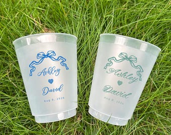 Personalized Frosted Wedding Cups – Custom Names & Date – Elegant Ribbon Design – Cups for Wedding Reception or Engagement Party