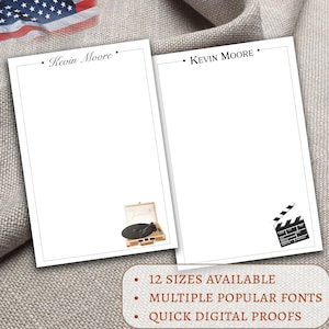 May include: Two white cards with black text that reads "Kevin Moore" at the top. The card on the left has a vintage record player illustration. The card on the right has a black and white clapperboard illustration. Below the cards is text that reads "12 SIZES AVAILABLE", "MULTIPLE POPULAR FONTS", and "QUICK DIGITAL PROOFS".