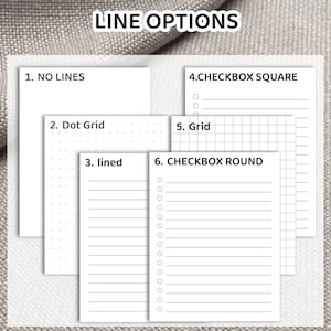 May include: Six different page layouts for a notebook or planner. The options include no lines, dot grid, lined, checkbox square, grid, and checkbox round.