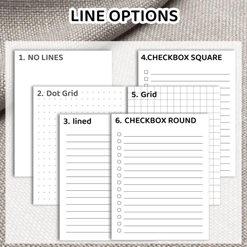 May include: Six different page layouts for a notebook or planner. The options include no lines, dot grid, lined, checkbox square, grid, and checkbox round.