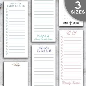 May include: Four different designs of to-do list notepads with the name "Emily" or "Emily Carter" on each. The notepads are white with blue, green, and pink lines. The notepads are in three different sizes.