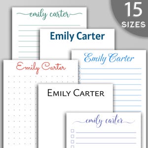 May include: Five different printable planner pages with the name "Emily Carter" written in various fonts and colors. The pages include lined paper, dotted paper, and checklist paper.