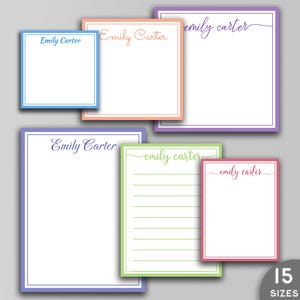 May include: Five different printable stationery designs with the name "Emily Carter" in cursive script. The designs feature different colored borders and lines. The text "15 Sizes" is visible at the bottom of the image.