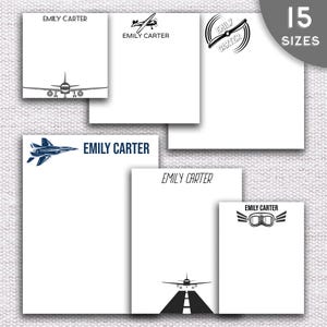 May include: Five different designs of personalized stationery featuring a variety of airplane illustrations. The stationery is white with blue text that reads "Emily Carter".