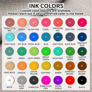 May include: A chart of 35 different ink colors, each color is represented by a circle with a number and the color name. The colors include terracotta red, peach, blush pink, coral, tangerine red, deep pink, magenta, light blue, sky blue, royal blue, blue, navy blue, slate blue, midnight blue, mint, green, light green, bright green, aqua mint, forest green, hunter green, sand beige, orange, lemon yellow, mustard, amber, espresso brown, reddish brown, white, slate gray, charcoal, bubblegum pink, royal purple, red, and black.