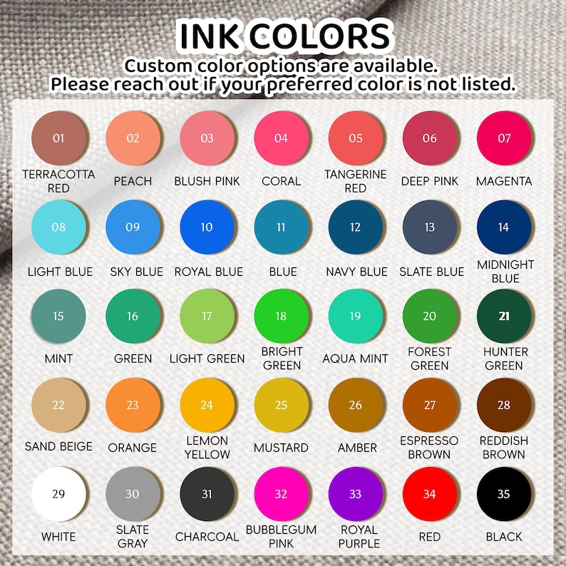 May include: A chart of 35 different ink colors, each color is represented by a circle with a number and the color name. The colors include terracotta red, peach, blush pink, coral, tangerine red, deep pink, magenta, light blue, sky blue, royal blue, blue, navy blue, slate blue, midnight blue, mint, green, light green, bright green, aqua mint, forest green, hunter green, sand beige, orange, lemon yellow, mustard, amber, espresso brown, reddish brown, white, slate gray, charcoal, bubblegum pink, royal purple, red, and black.