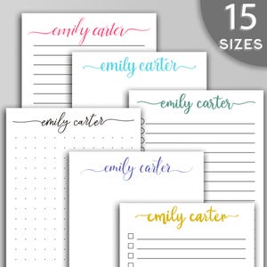 May include: Six different printable planner pages with the name "emily carter" written in cursive at the top of each page. The pages include lined paper, dotted paper, and checklist paper. The text "15 SIZES" is in the top right corner of the image.