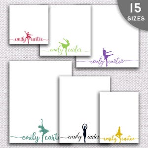 May include: White stationery with a ballerina silhouette and the name "emily carter" in various colors. The image shows different sizes of the stationery, with a total of 15 sizes available.