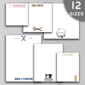 May include: A set of 12 different sized note cards with various designs featuring sewing-themed graphics and the text "EMILY CARTER" and contact information.