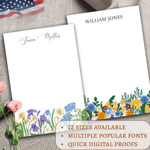 May include: Two personalized stationery note cards with floral borders. The top card says "Susan Miller" and the bottom card says "William Jones". The cards are white with a border of blue, yellow, and green flowers.