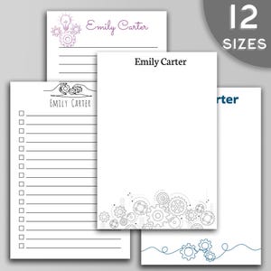 May include: Three printable notepad designs featuring a light bulb, gears, and hands holding gears. Each design includes the name "Emily Carter" at the top. The notepads are available in 12 sizes.