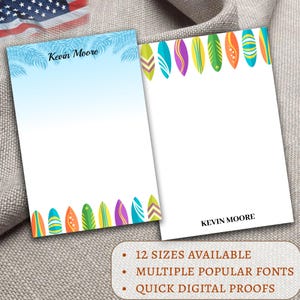 Personalized Surfboard Notepad, Beach Stationery, Custom Ocean Memo Pad, Coastal Office Gift, Surf Lover Writing Pad, Summer Paper Gift