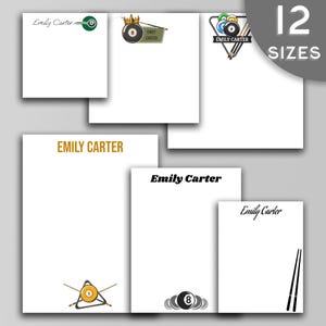 May include: A set of 6 different designs of personalized stationery featuring a pool ball theme. The stationery has the name "Emily Carter" printed on each sheet. The designs include a pool ball with a crown, a pool ball with crossed pool cues, and a pool ball with a triangle of pool balls.