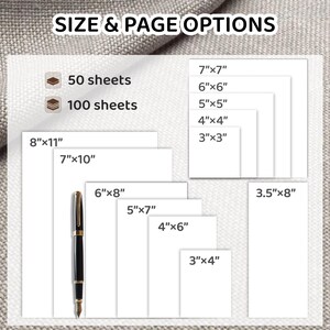 May include: A diagram showing different paper sizes and quantities available for purchase. The sizes are listed in inches, with options for 50 or 100 sheets.