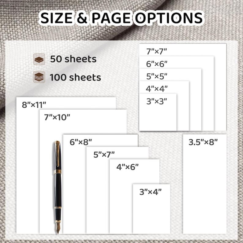 May include: A diagram showing different paper sizes and quantities available for purchase. The sizes are listed in inches, with options for 50 or 100 sheets.