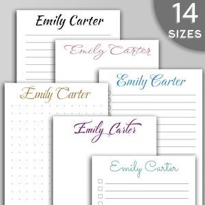 May include: Five different printable planner pages with the name "Emily Carter" written in different colors and fonts. The pages include lined paper, dotted paper, checklist paper, and blank paper.