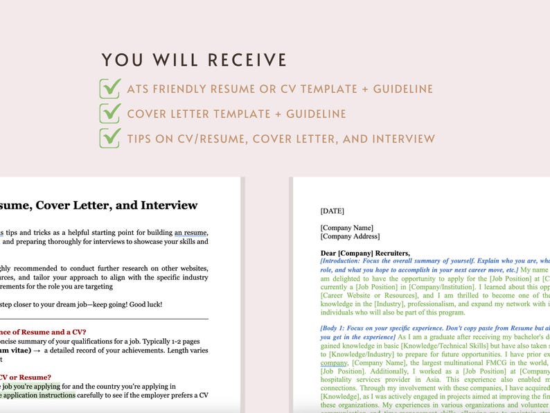 ATS Friendly Resume/cv Template With Guideline, Cover Letter Template