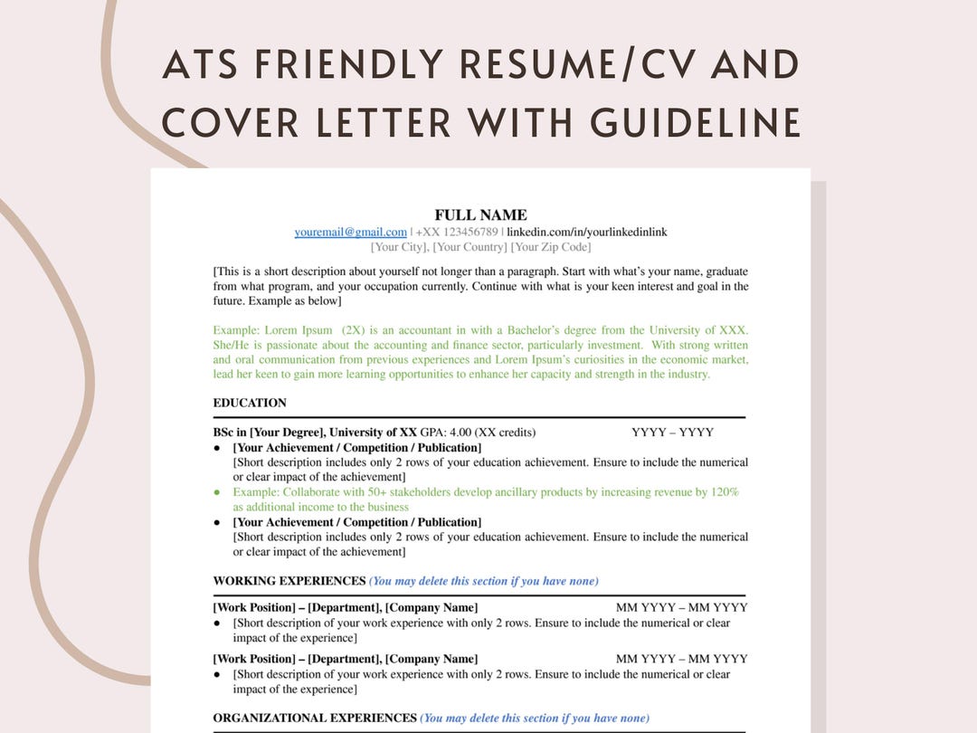 ATS Friendly Resume/cv Template With Guideline, Cover Letter Template