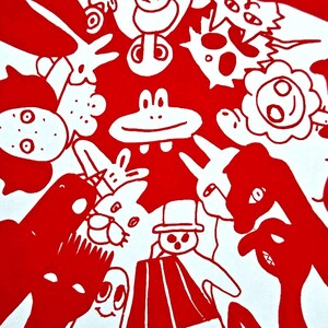 May include: Red and white print of a whimsical illustration featuring a variety of cartoon characters and creatures. The print is a vibrant red colour and features a variety of shapes and designs.