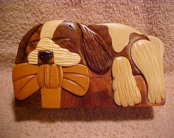 Handcrafted Lop-Earred Puppy Dog Wooden Secret Puzzle Trinket Box