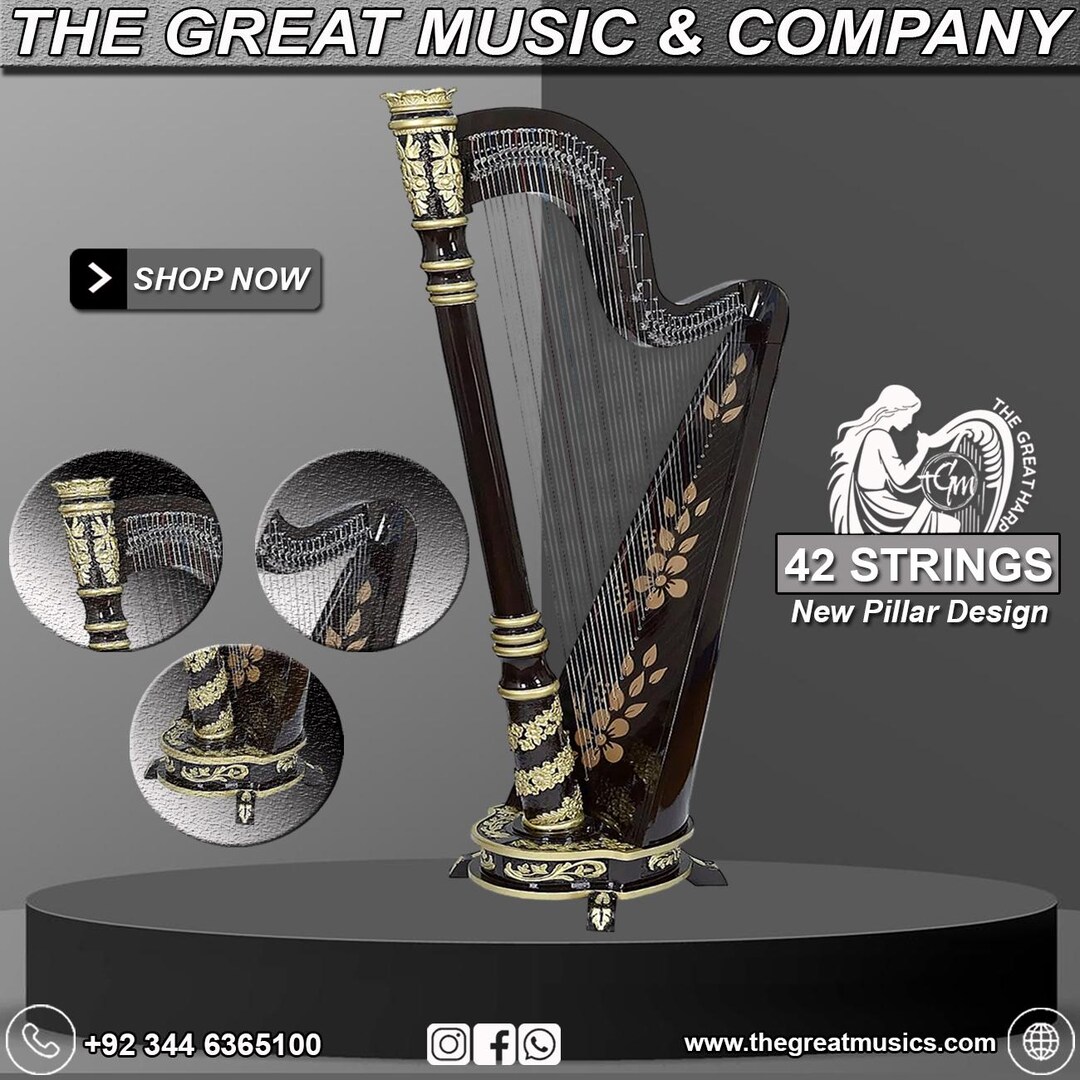 42 String Lever Harp Full Range Celtic Pillar Harp Handcrafted Solid ...