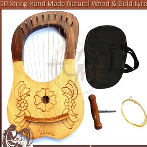 Lyre Harp 10 Metal Strings Engraved Natural Wood & Gold Polished With Free Tuning Key And Case