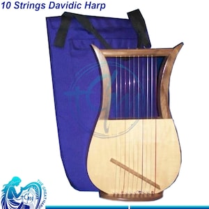 May include: A wooden 10-string Davidic harp with a light-colored body and dark wood accents. The harp is accompanied by a blue carrying case with black handles. The text "10 Strings Davidic Harp" is at the top.