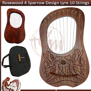 10 String Lyre Harp 4 Birds Celtic Wooden Harp for Beginners & Kids | Small Folk Instrument with Tuning Wrench and Carry Bag | Music Gift