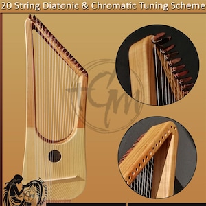 May include: A wooden 20-string lyre with a diatonic and chromatic tuning scheme. The instrument has a light wood body with a curved shape and a sound hole. The strings are white, and the tuning pegs are visible at the top. The text "20 String Diatonic & Chromatic Tuning Scheme" is at the top.
