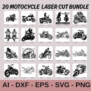 May include: A set of 20 black and white motorcycle laser cut designs. The designs feature different motorcycle types and riders. The text "20 MOTORCYCLE LASER CUT BUNDLE" is at the top, and "AI - DXF - EPS - SVG - PNG" is at the bottom.