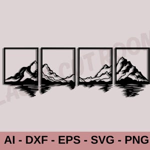 Può includere: Opera d'arte di un paesaggio montano nero divisa in quattro pannelli quadrati, con effetto di riflesso. Il testo "AI - DXF - EPS - SVG - PNG" è in basso.