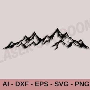 Pode incluir: Silhueta preta de uma cordilheira sobre um fundo rosa claro. O design apresenta picos e vales irregulares, com o texto "AI - DXF - EPS - SVG - PNG" na parte inferior. Ideal para arte de parede ou design digital.