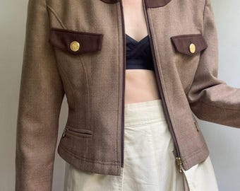 Kurtka damska w stylu vintage z lat 90., 100% wełny, brązowa, krótka, na jesień i wiosnę, krótki płaszcz retro