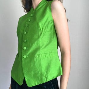 Vintage 90s Silk Vest: Bright Green Retro Sleeveless Top