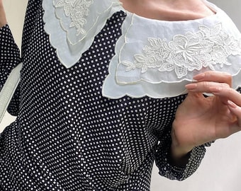 Retro Polka Dot Chiffon Midi Dress with White Collar - 80s Style