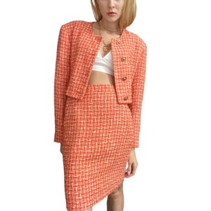 Vintage Orange Tweed Skirt Suit: 80s Retro Two-Piece - XS